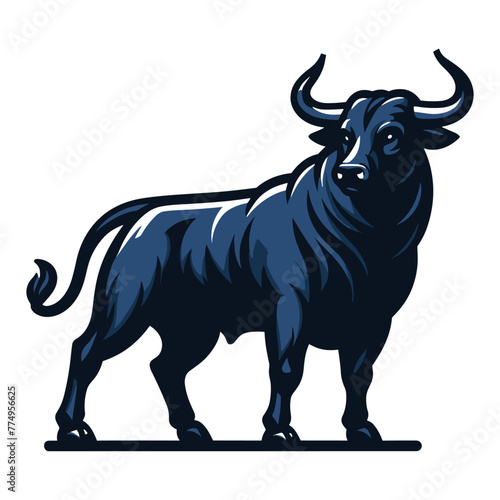 Strong bull full body vector mascot illustration  angry horned bull concept  farm animal or butcher shop graphic template  design isolated on white background
