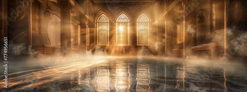 Capture the interplay of light and steam within a Turkish hammam's steam room, highlighting ornate metal work and soothing warm tones.
