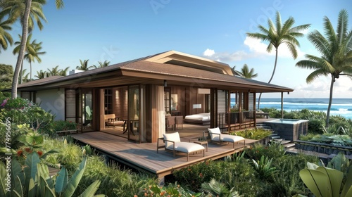 A single-story layout with an open living space that flows into an outdoor deck with ocean views.  © Chhayny