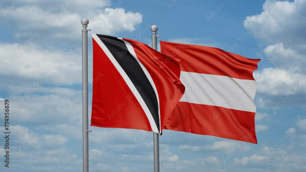 Austria and Trinidad and Tobago two flags waving together, looped video, two country relations concept Austria and Trinidad and Tobago two flags waving together, looped video, two country relations concept