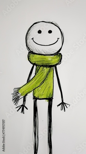 Black and white stick figure wearing a plain lime green coloured scarf