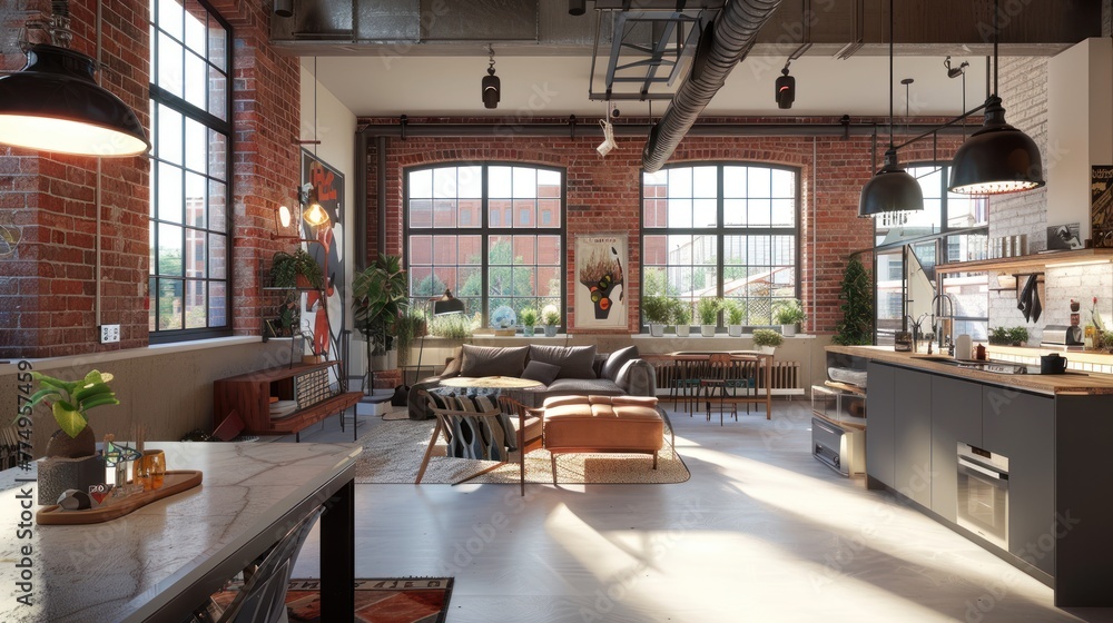 An open-plan studio with high ceilings, large windows, and exposed brickwork. 
