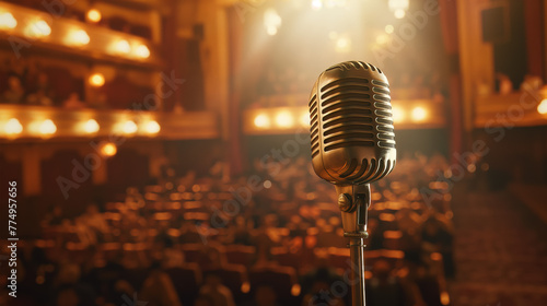 Retro style microphone set against a blurred background of theater goers, setting the stage for an awaiting performance photo