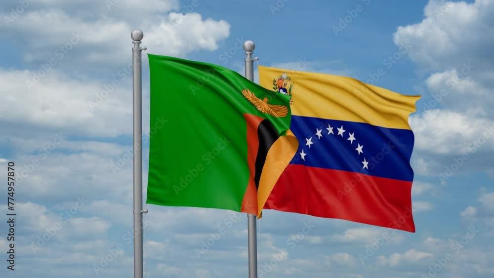 Venezuela and Zambia two flags waving together, looped video Venezuela and Zambia two flags waving together, looped video