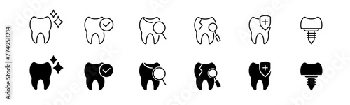 Tooth icon set. Line and glyph dentist symbol. Teeth care icon