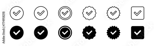 Checkmark in circle icon set. Checkmark tick icon set. Line and glyph check mark