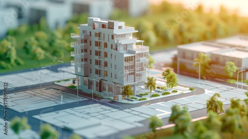 Create a visually appealing stock photo that combines the precision of architectural blueprints with the realism of 3D apartment models and the functional