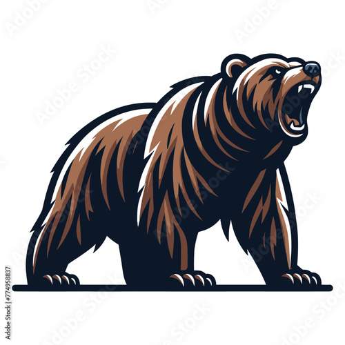 Roaring grizzly bear full body vector illustration, wild beast brown bear, animal predator zoology element illustration, design template isolated on white background