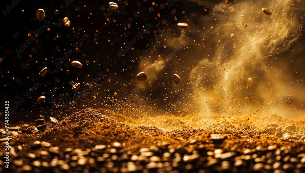 KSA photo of coffee beans falling on the ground with - obrazy, fototapety, plakaty 