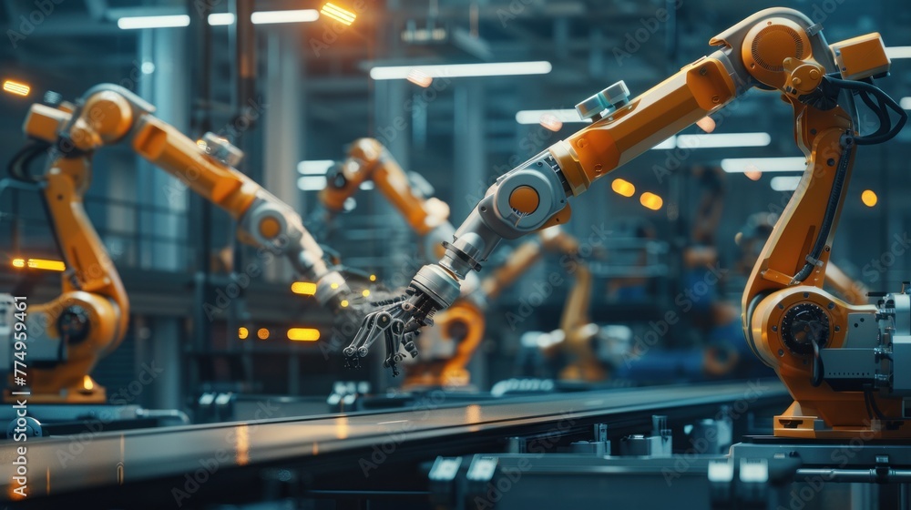 Automated robot arms work in machinery areas in factories, robots used in industrial production for precision Automated robot arms work in machinery areas in factories, robots used in industrial production for precision