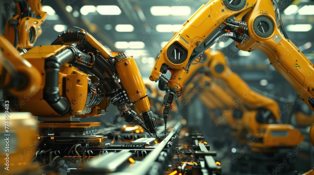 Automated robot arms work in machinery areas in factories, robots used in industrial production for precision Automated robot arms work in machinery areas in factories, robots used in industrial production for precision