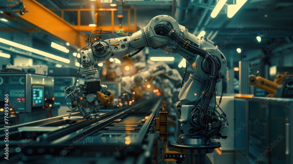 Automated robot arms work in machinery areas in factories, robots used in industrial production for precision Automated robot arms work in machinery areas in factories, robots used in industrial production for precision