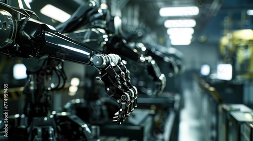 Automated robot arms work in machinery areas in factories, robots used in industrial production for precision