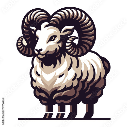 Bighorn horned ram sheep full body design illustration, animal livestock, farm pet, agriculture concept, butchery meat shop element, vector isolated on white background photo