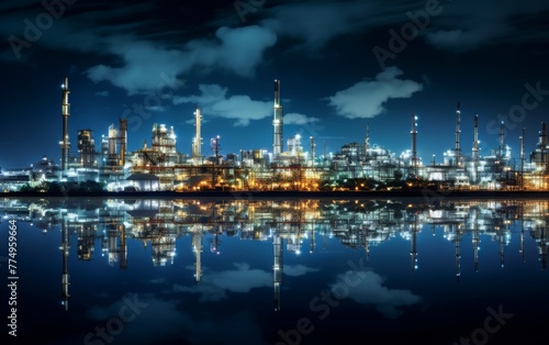 Illuminated Industrial Refinery at Night Reflection 
