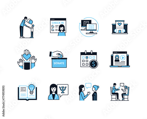 Orphanage and support - line design style icons set with editable stroke. Donation and charity, sharing love and care, shelter, communication between adults and children, psychologist idea