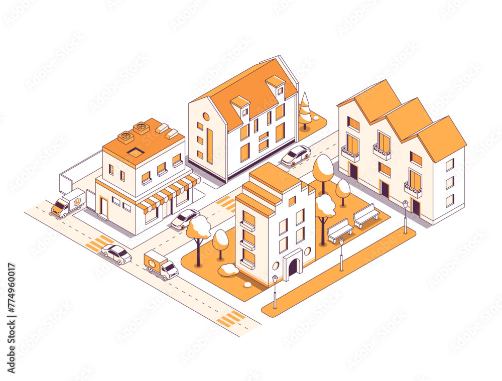 Residential area of the city - vector isometric illustration. A cozy street in a small town with houses, shops and busy traffic. Top view, structure and architecture. Real estate and modern building
