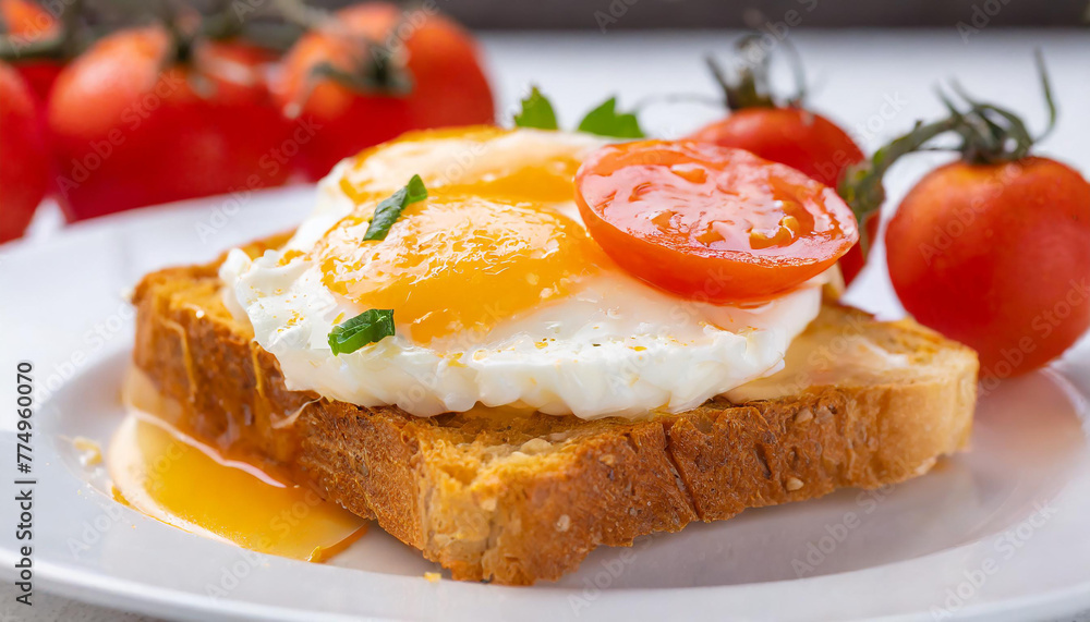 Slice of toasted bread with cream cheese eggs and tomatoes. Tasty breakfast. Delicious food. Slice of toasted bread with cream cheese eggs and tomatoes. Tasty breakfast. Delicious food.