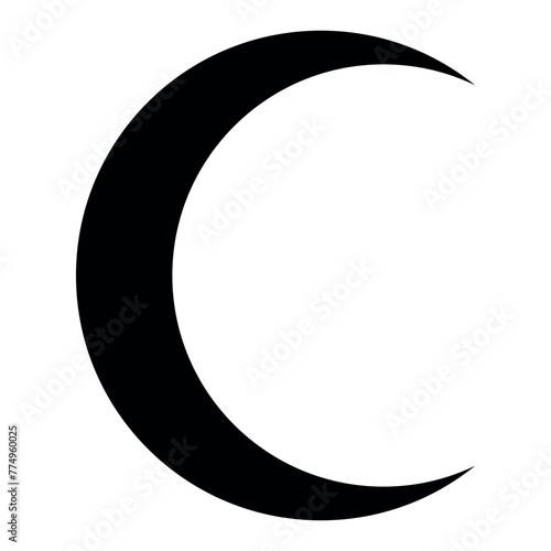 crescent moon shape symbol, black and white silhouette vector illustration of simple lunar phase