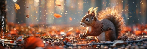 Red squirrel gathering acorns in photorealistic forest scene for winter preparation