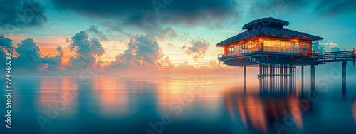 Sunset at tropical beach  luxury summer vacation with ocean and resort view