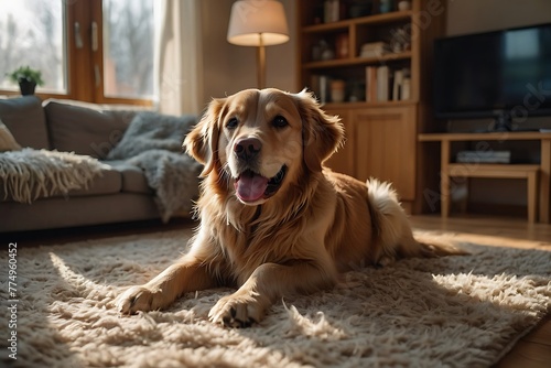 Golden Retriever dog sitting on the floor in the living room