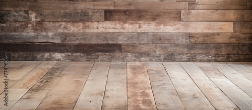 Wooden floor boards in a close-up shot are visible with a blurred background of a wall  creating a rustic interior