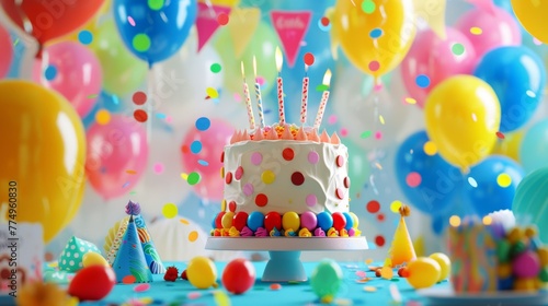 birthday cake with candles, birthday party for children, children having fun, colorful cake, rainbow, multicolored baloons and sparkles, chocolate, sugar and candies, candles, sweet dessert