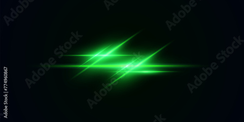 Realistic light reflections, neon illumination in green colors. Bright light lens. Police light effects, lines. Shiny stars, glowing sparks on a black background. Vector 