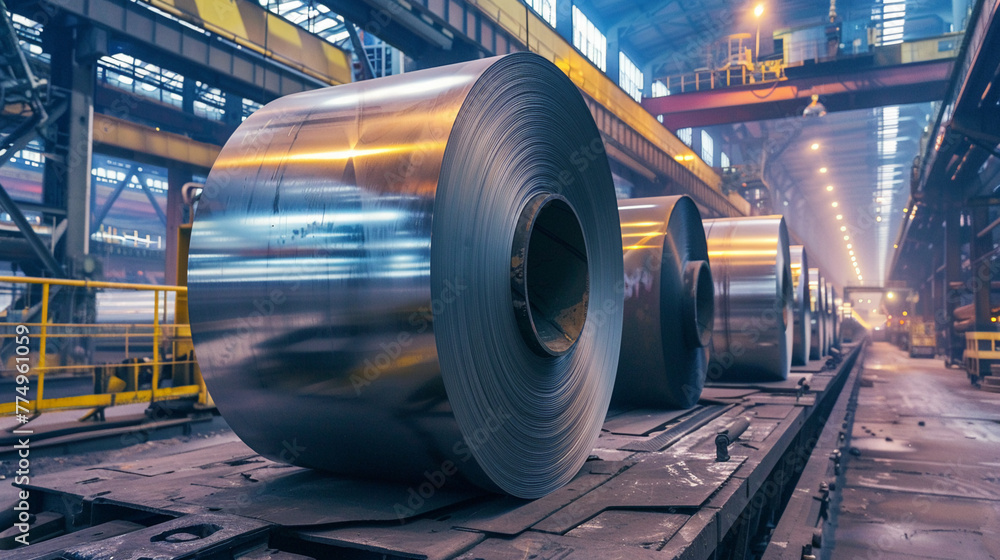 Fototapeta premium Amid the industrial setting of a factory, large rolls of metal coils, made from galvanized sheet steel, stand prominently, symbolizing the robustness and efficiency of modern steel production.