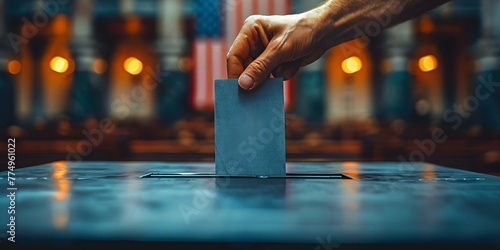 Closeup of a hand inserting a voting card into a ballot box with a USA flag background. Concept Voting, Ballot Box, USA Flag, Close-up Shot, Civic Duty