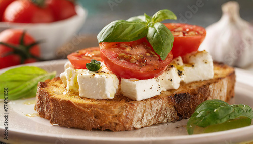 Slice of toasted bread with feta, tomatoes and basil leaves. Tasty breakfast. Delicious food.