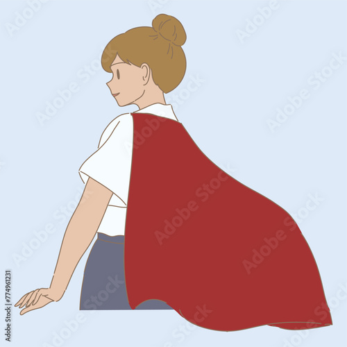 Superwoman with red cape. Successful businesswoman wearing super hero cloak. Hand drawn flat cartoon character vector illustration.