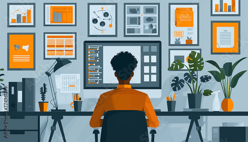 working at desk at home. lot of work. working with laptop at work desk remote working concept. Vector illustration of student studying at home concept.