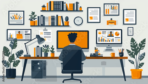 working at desk at home. lot of work. working with laptop at work desk remote working concept. Vector illustration of student studying at home concept.