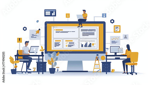 flat illustration, business meeting and brainstorming, business concept for teamwork, searching for new solutions, little people are sitting on light bulbs in search of ideas