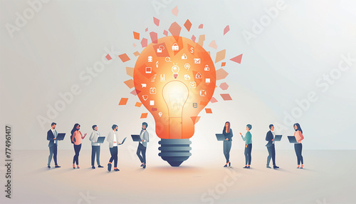 flat illustration, business meeting and brainstorming, business concept for teamwork, searching for new solutions, little people are sitting on light bulbs in search of ideas
