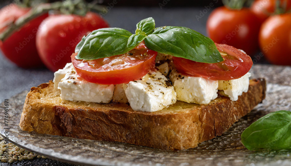 Slice of toasted bread with feta, tomatoes and basil leaves. Tasty breakfast. Delicious food. Slice of toasted bread with feta, tomatoes and basil leaves. Tasty breakfast. Delicious food.