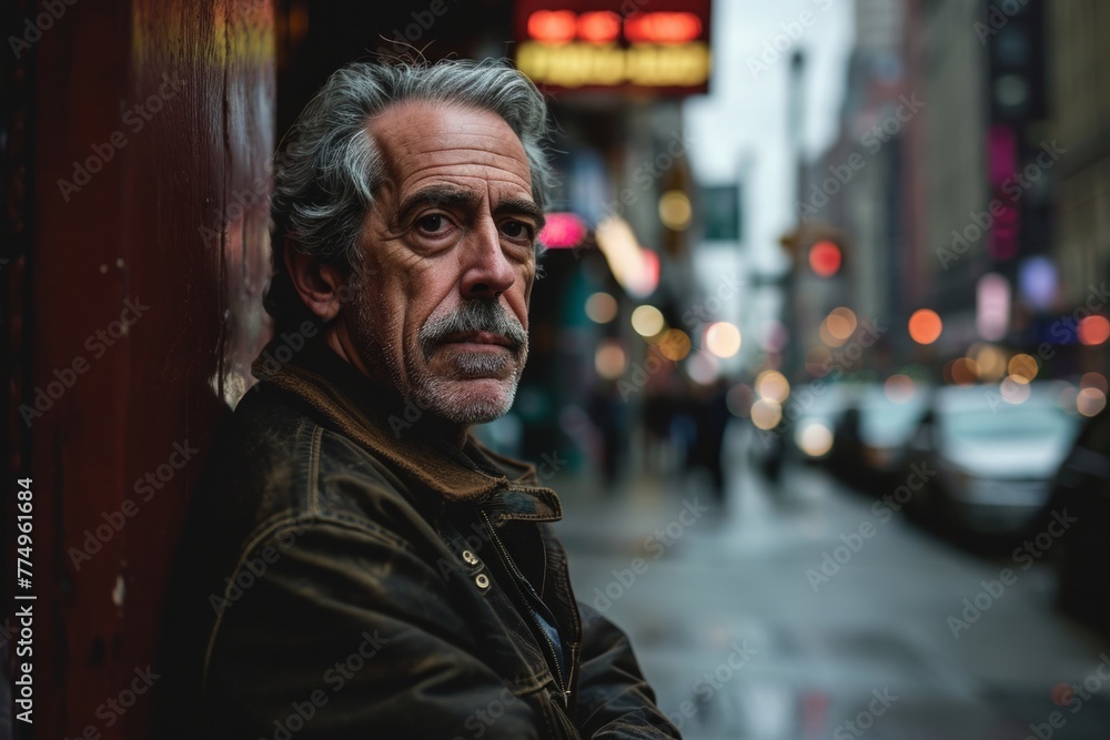 Portrait of a senior man in New York City at night.
