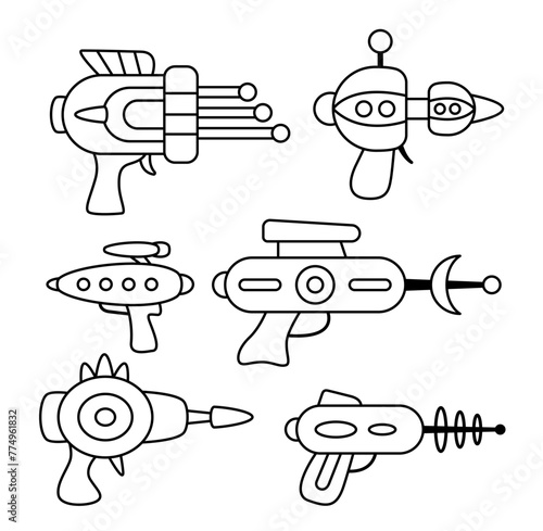 Set of space laser blasters of aliens. UFO weapons. Coloring page. Black and white. Vector
