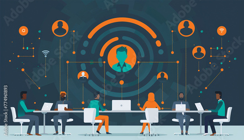 people connecting together, learning or meeting online with teleconference, video conference remote working on laptop computer, work from home and work from anywhere concept, flat vector illustration photo