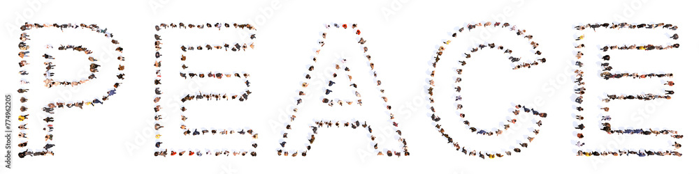 Concept conceptual large community of people forming the PEACE word. 3d illustration metaphor for hope, freedom, democracy, treaty, love, happiness, unity, religion, white dove and olive branch Concept conceptual large community of people forming the PEACE word. 3d illustration metaphor for hope, freedom, democracy, treaty, love, happiness, unity, religion, white dove and olive branch