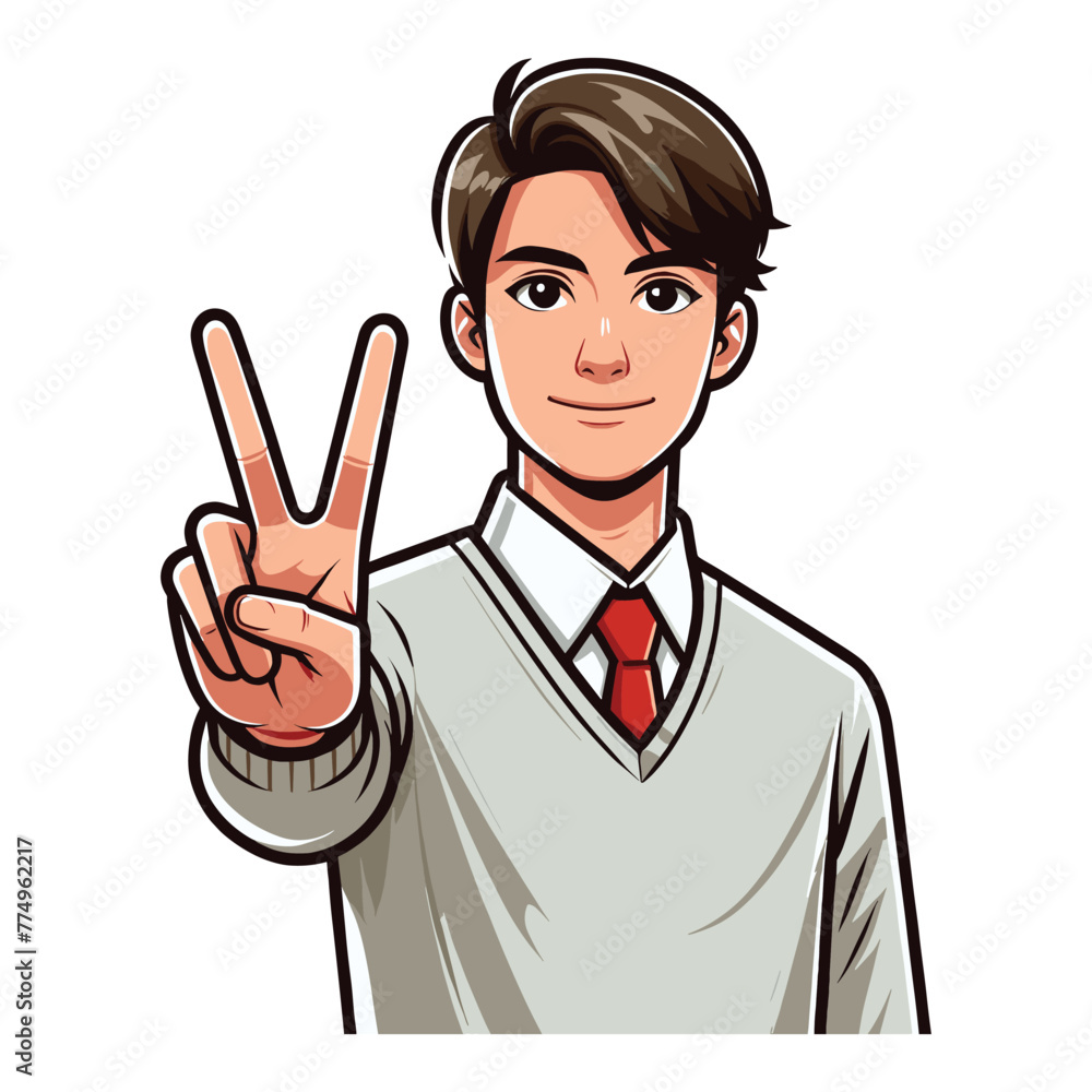 Man showing peace sign design illustration, happy male gesturing peace victory sign with hand, joyfulness, gladness, positive emotion vector template isolated on white background Man showing peace sign design illustration, happy male gesturing peace victory sign with hand, joyfulness, gladness, positive emotion vector template isolated on white background