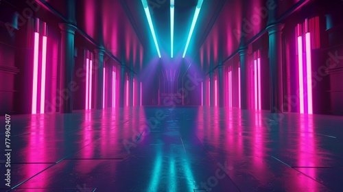 Sci Fi Futuristic Smoke Fog Neon Laser Garage Room blue pink violet neon abstract background ultraviolet light night club Cyber Undergound Warehouse Concrete Reflective Studio 3D Render illustration 