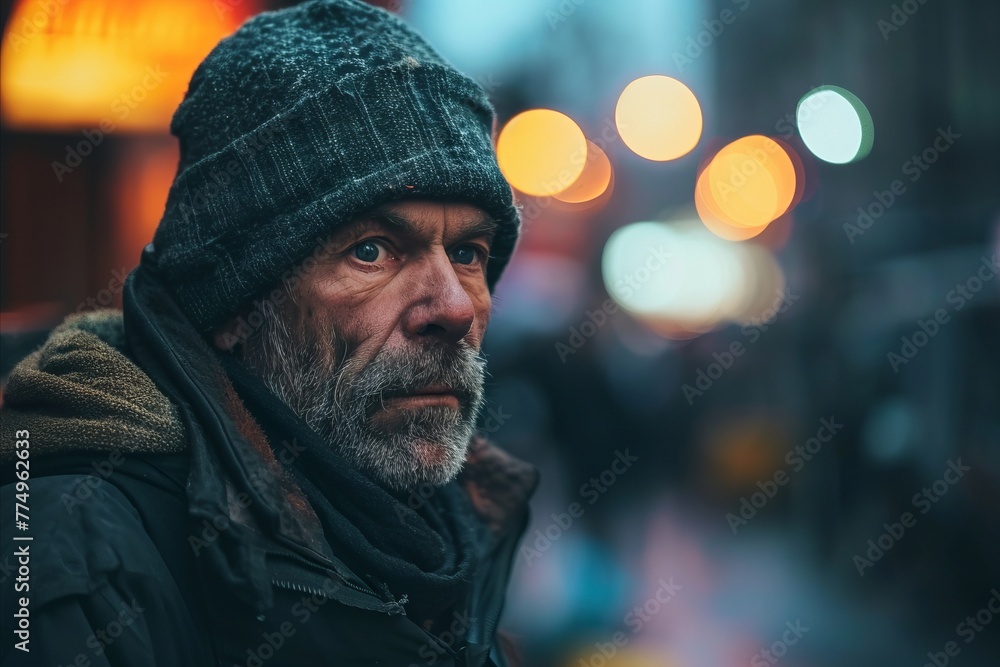 Portrait of an old man with a gray beard on the street in the evening Portrait of an old man with a gray beard on the street in the evening