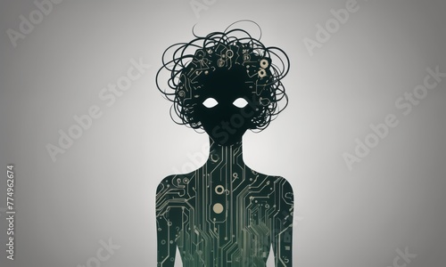 shadow-like figure with a circuit board pattern on its body and a mask. Its hair is in a messy ball on top of its head.