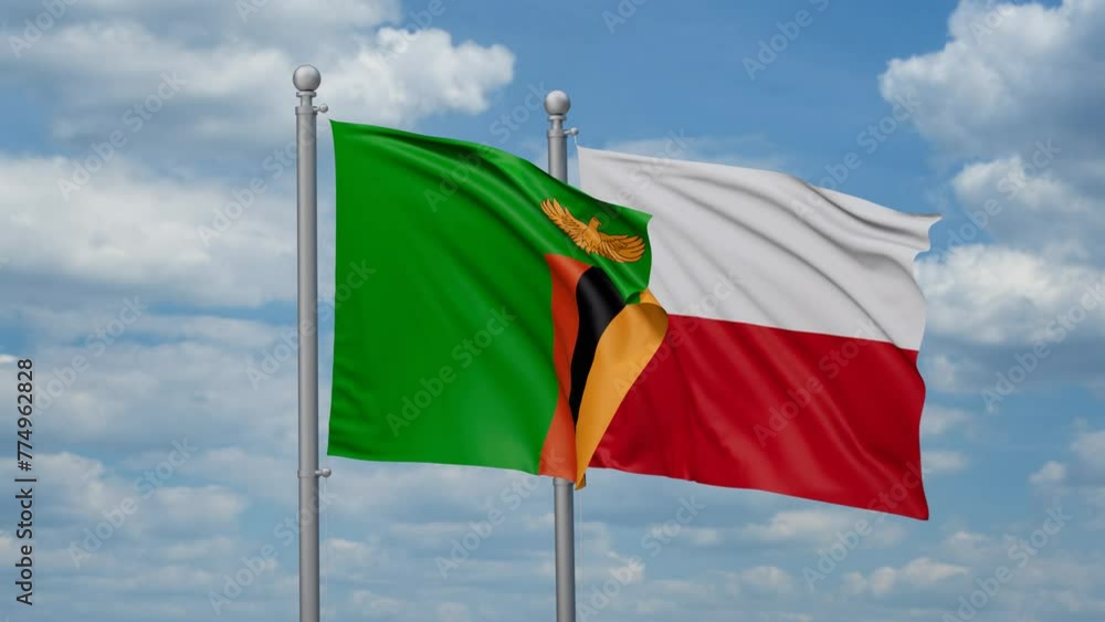 Poland and Zambia two flags waving together, looped video, two country cooperation concept Poland and Zambia two flags waving together, looped video, two country cooperation concept