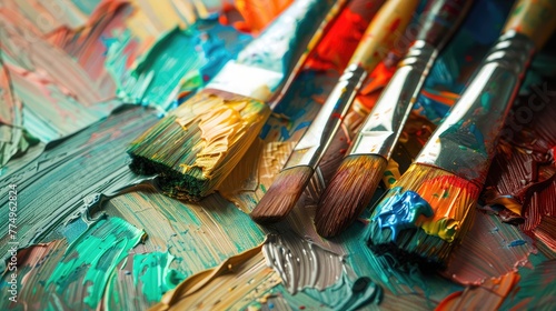 Artistic Essentials - Colored Paints and Brushes for Creative Projects, Vibrant acrylic paintings , Close up of different painting brushes in paiter's atelier. 