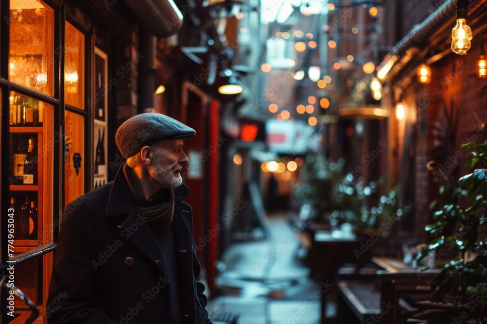 Handsome bearded man in a black coat and beret is sitting on a cafe terrace and looking at the street. Handsome bearded man in a black coat and beret is sitting on a cafe terrace and looking at the street.