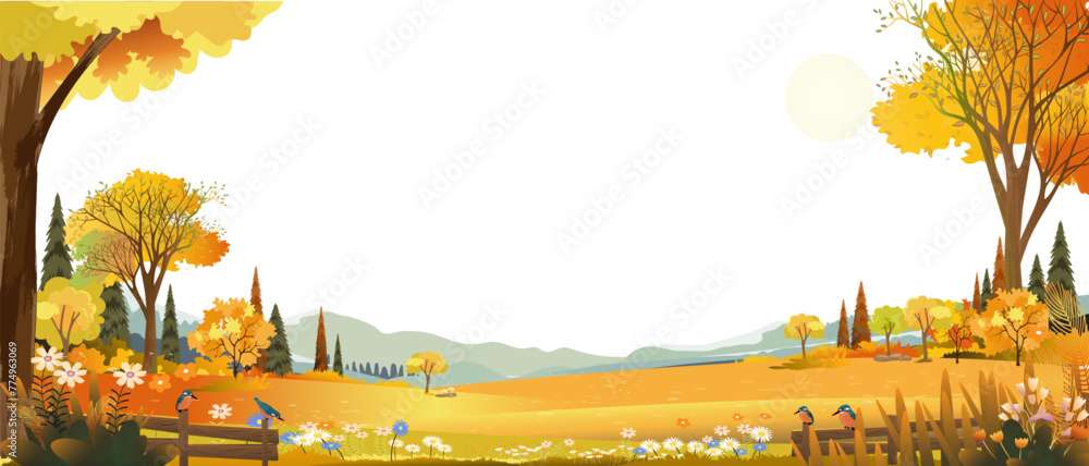 Obraz premium Autumn landscape with forest tree on white background,Cartoon Scene Fall Season Mountain,Meadow,Orange Foliage,Vector nature with grass field,maple tree,farm land in countryside